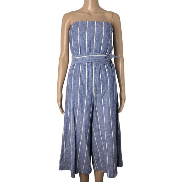 Alice + Olivia Lucie Striped Chambray Strapless Wide Leg Jumpsuit - Picture 2 of 13